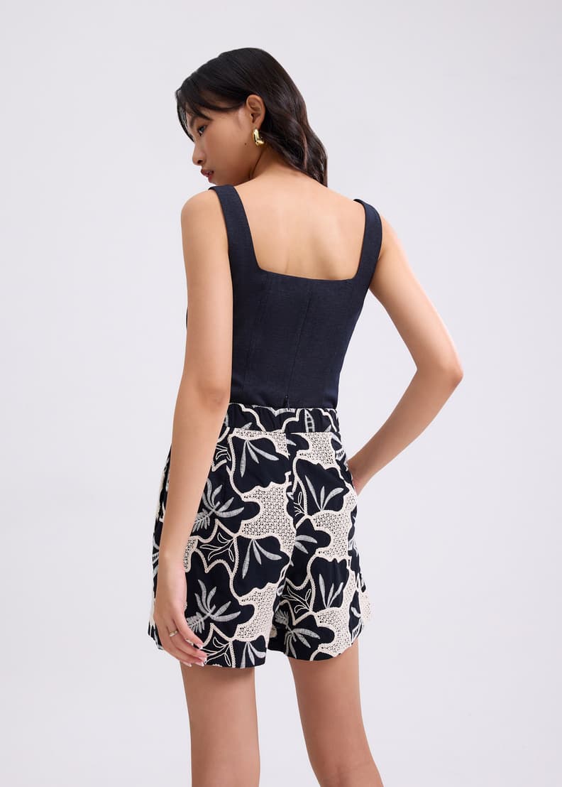 High Waist A-line Tailored Shorts in Midnight Blooms