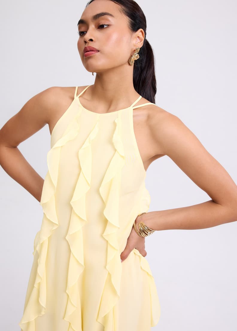 thetoe hesiod frill dress 新品 Toperth Yellow Embroidered Ruffle One-Shoulder Mesh Maxi