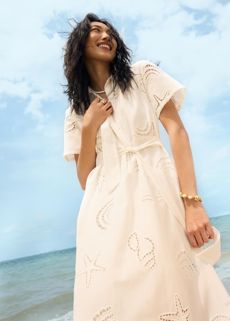 Collared Fit & Flare Dress With Sash in Tidal Escape Broderie