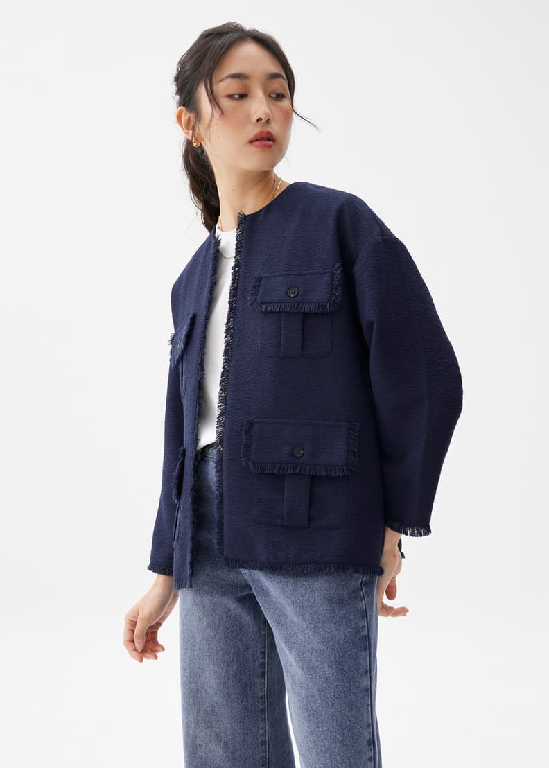 【おんぷ】tweed over jacket DOBBY TWEED PEAK LAPEL LONG JACKET(S Navy): Vintage｜THE