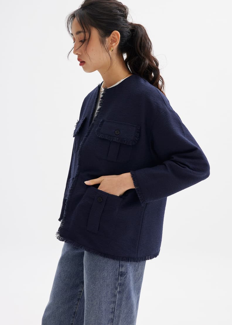 ジャケット・アウター ORGUE Tweed fringe 2way jacket Dark navy ジャケット・アウター ORGUE Tweed fringe 2way jacket Dark