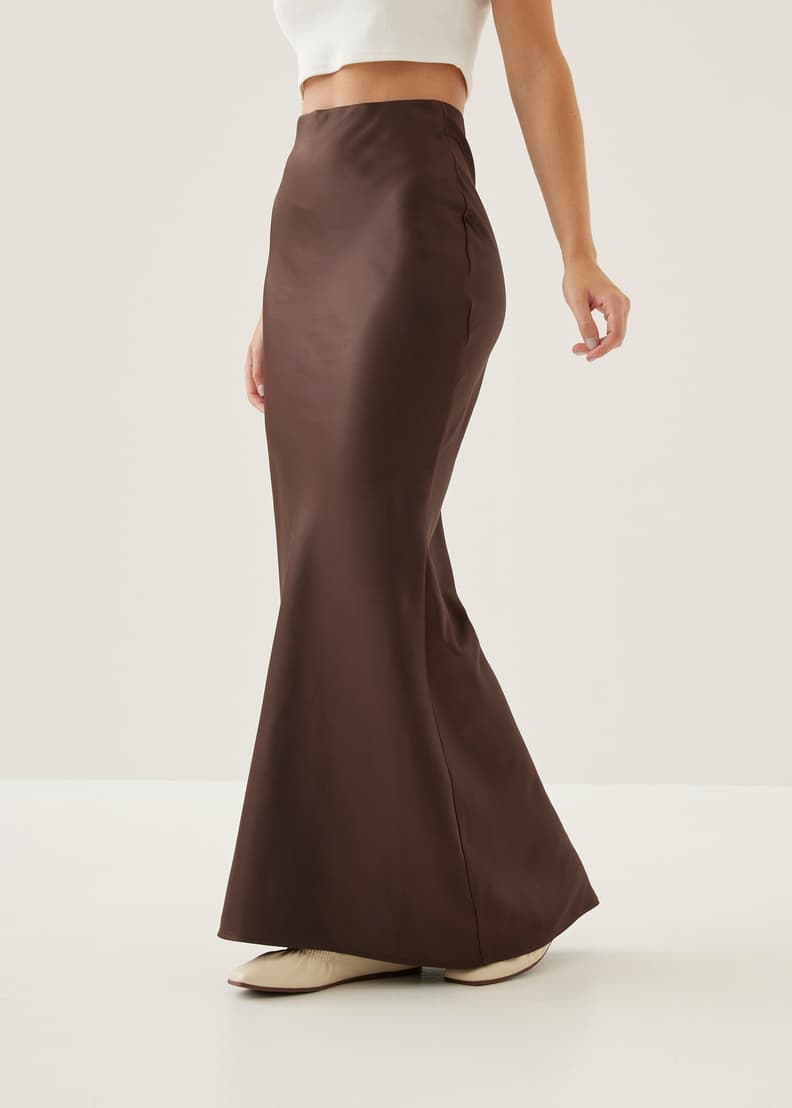 スカート imperf Double Satin Long Skirt Brown 36 imperf Double Satin Long Skirt Brown 36 Brown Silk Maxi Skirt