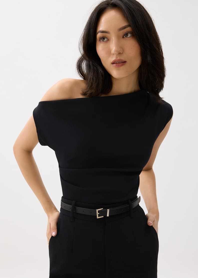 トップス asymmetry drape tops / black ASYMMETRY DRAPE TOPS/BLACK – MYNE