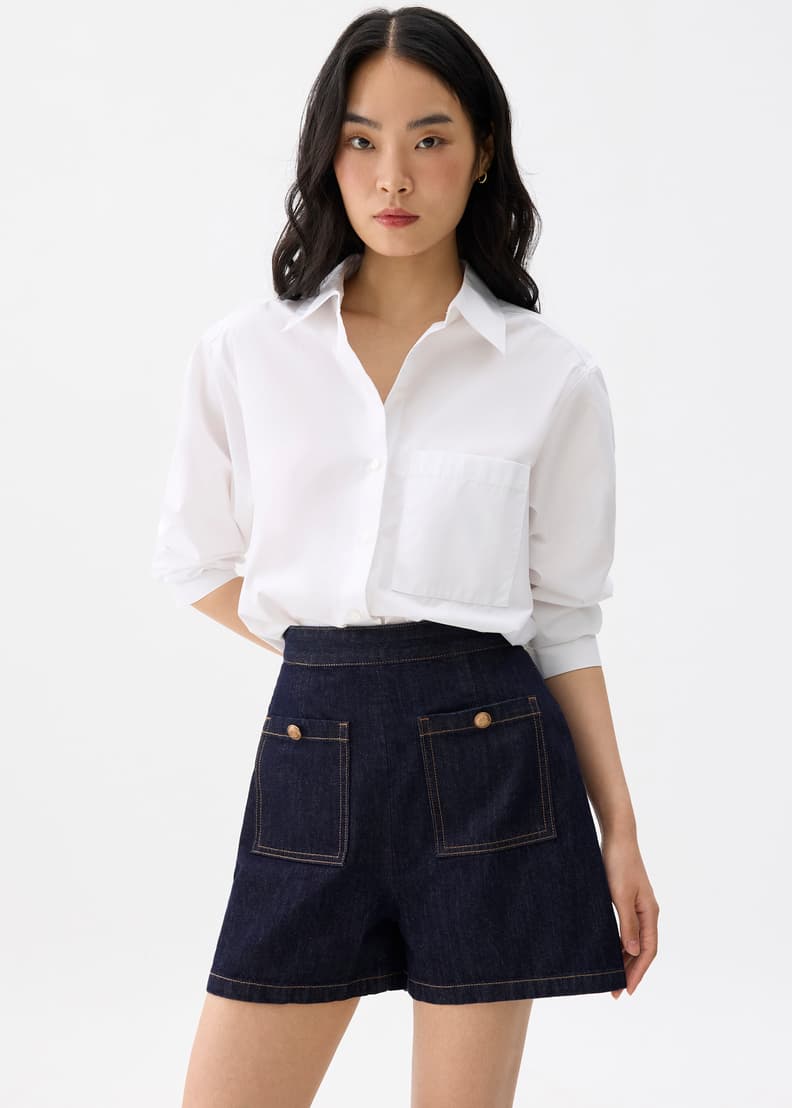 High waisted elastic denim shorts discount