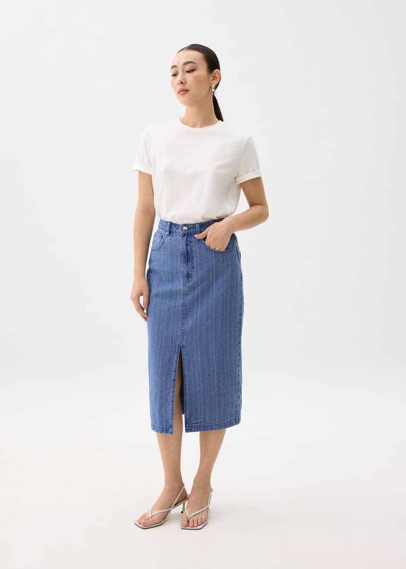 Striped Denim Column Midaxi Skirt | Love, Bonito SG