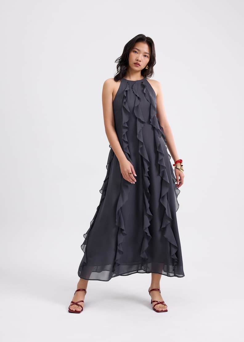 Georgette Halter Trapeze Frill Maxi Dress | Love, Bonito INTL