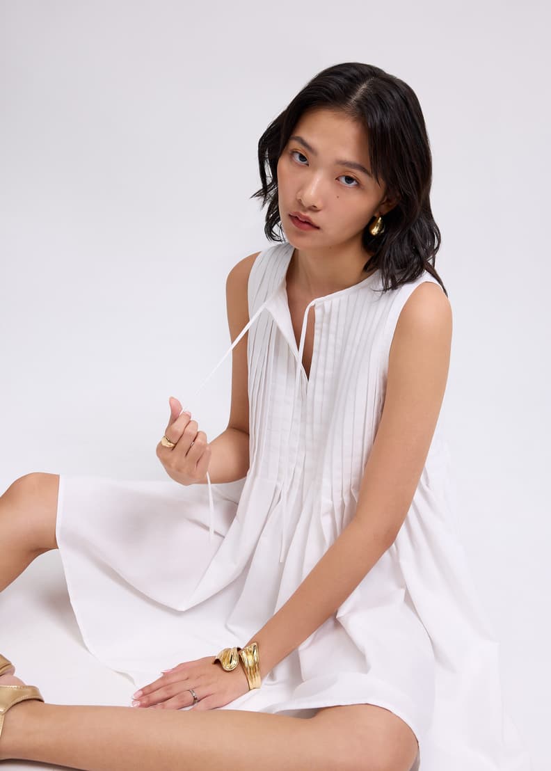 Oxford Pintuck Notched Trapeze Mini Dress | Love, Bonito SG