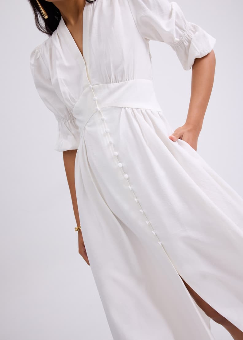 V-neck Puff Sleeve Fit & Flare Midaxi Dress in Garden City