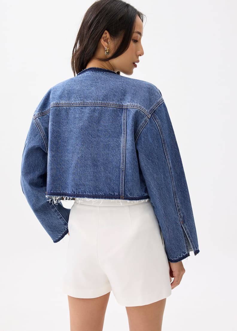 Cropped Fray Denim Jacket | Love, Bonito US
