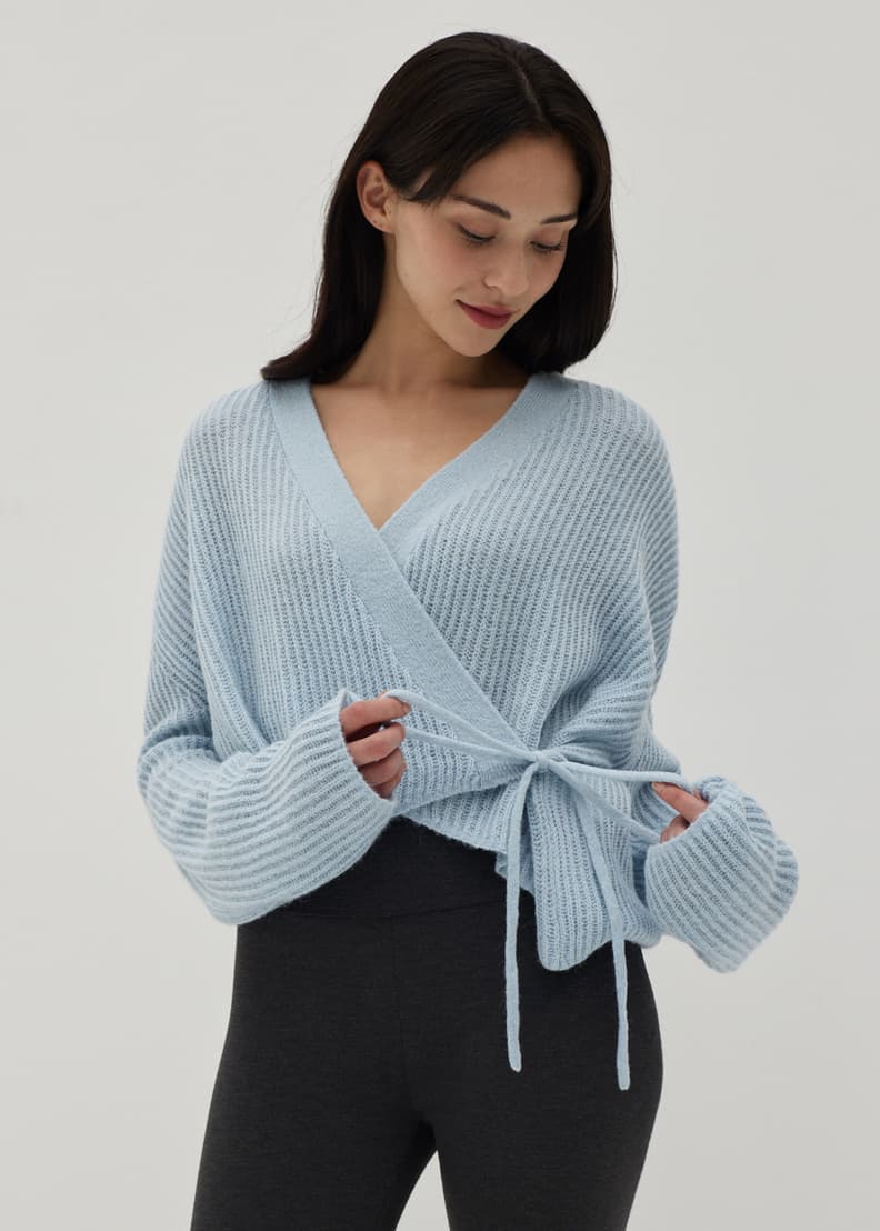 Light blue wrap sweater deals