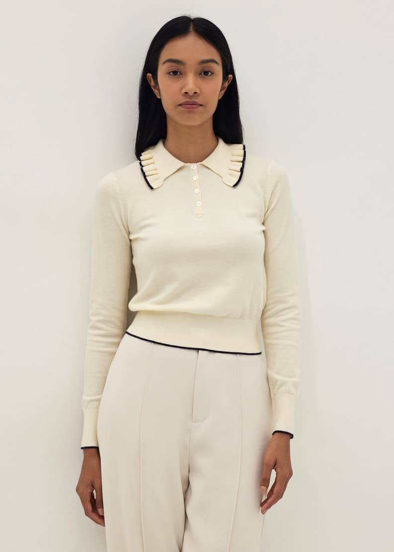 Ruffled wool knit polo sweater