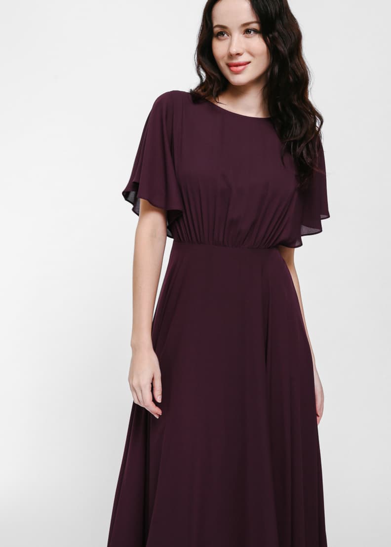 Purple flutter clearance sleeve dress