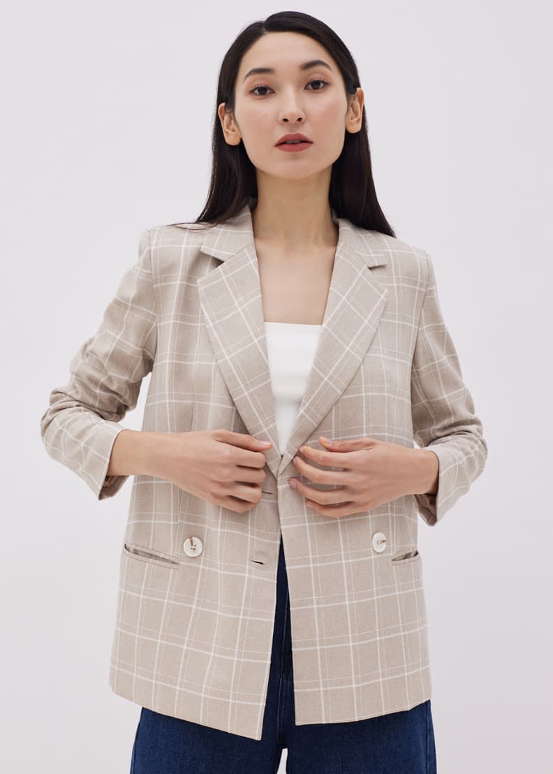 Check double breasted blazer womens top