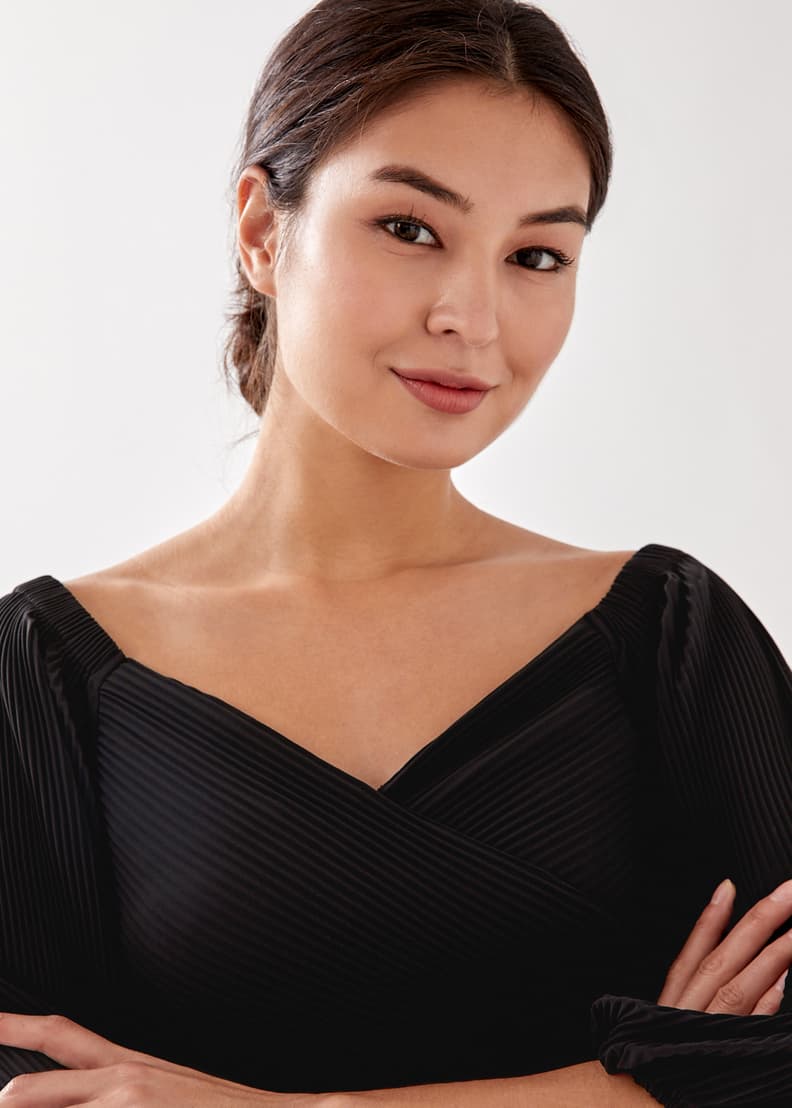Pleated off the on sale shoulder top