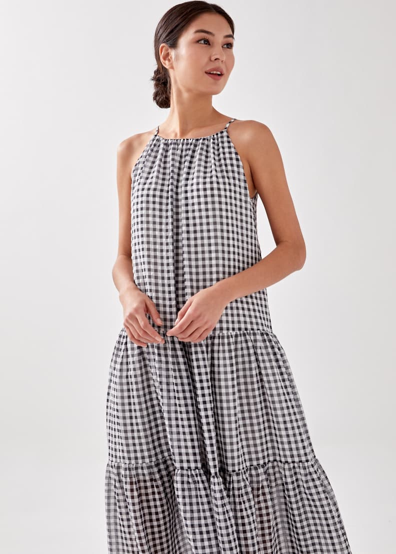 Tiered gingham on sale maxi dress