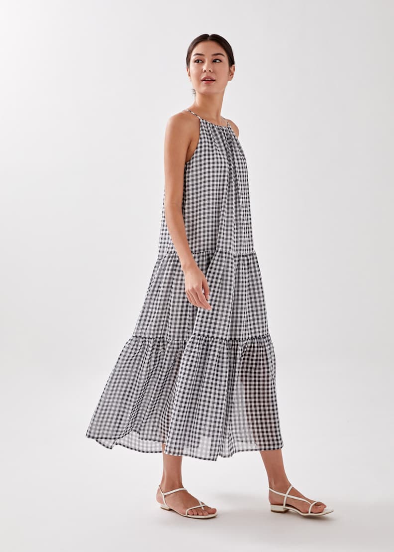 Tiered gingham maxi store dress