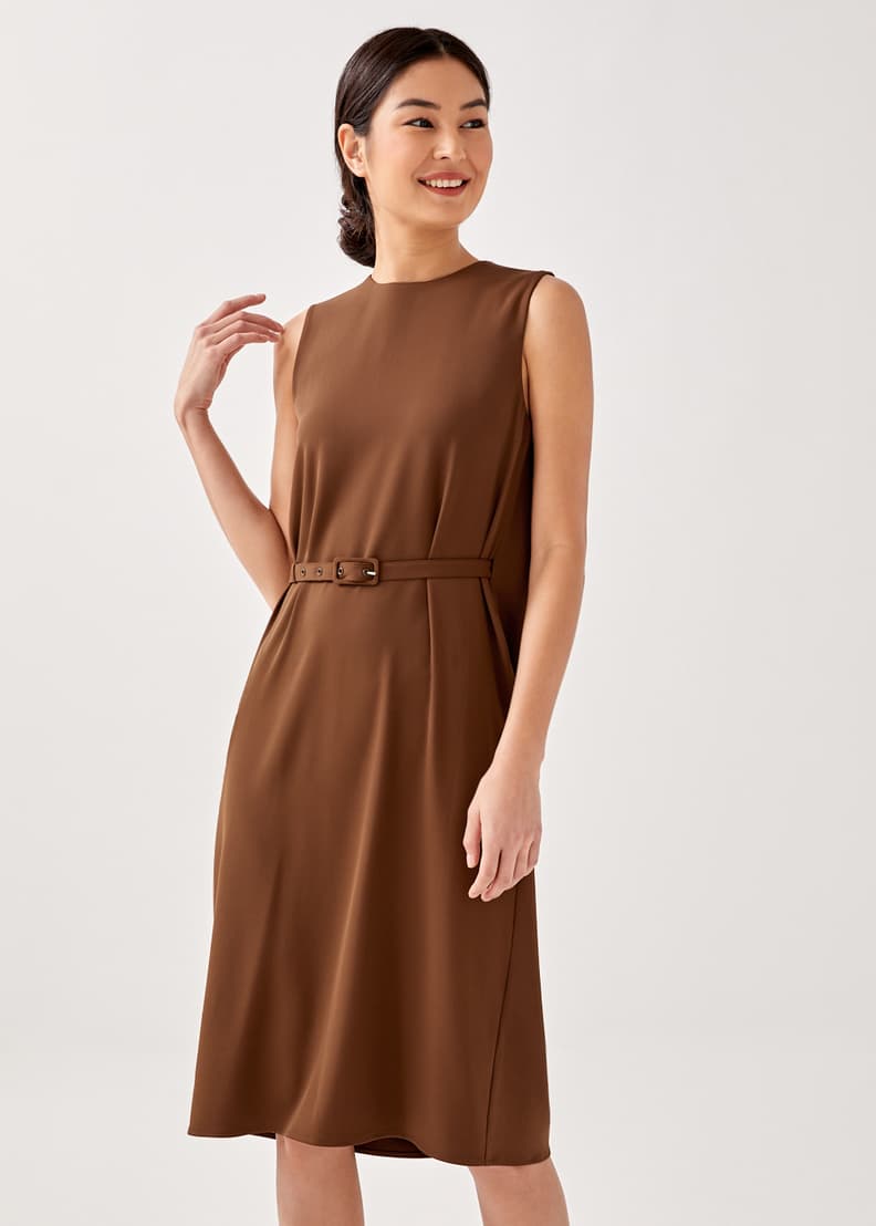 Ribbed belted column dress outlet
