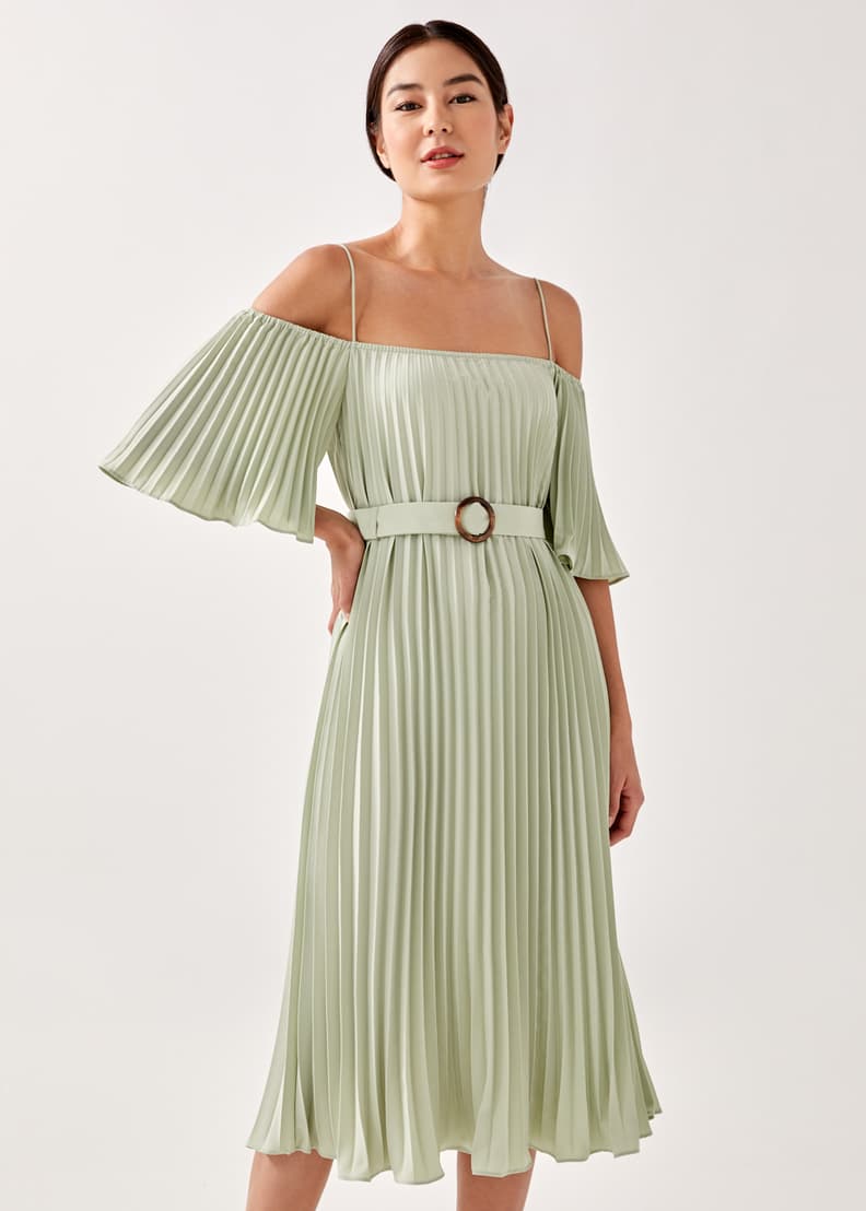 Byria Pleated Cold Shoulder Midi Dress