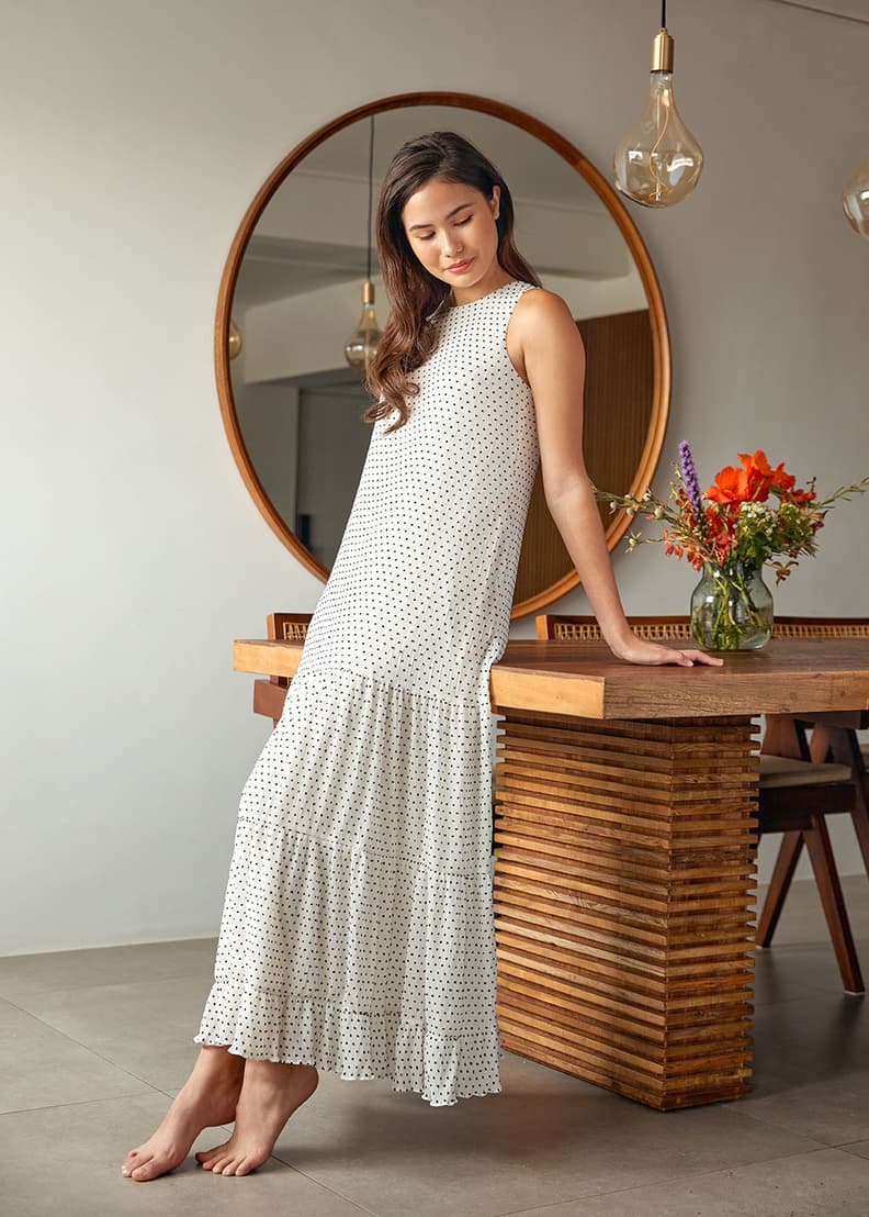 Buy Sheya Dobby Dot Ruffle Column Maxi Dress @ Love, Bonito Singapore |  Shop Women's Fashion Online | Love, Bonito SG