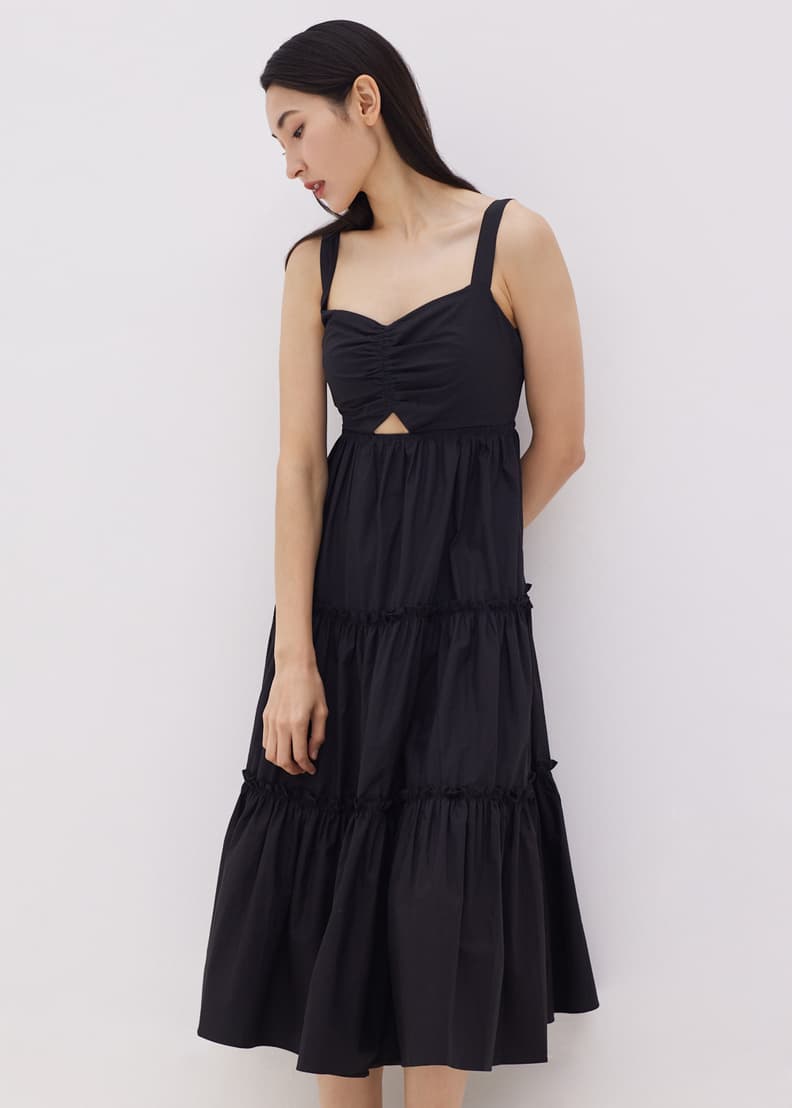 Cutout back black outlet layered sleeveless chiffon dress