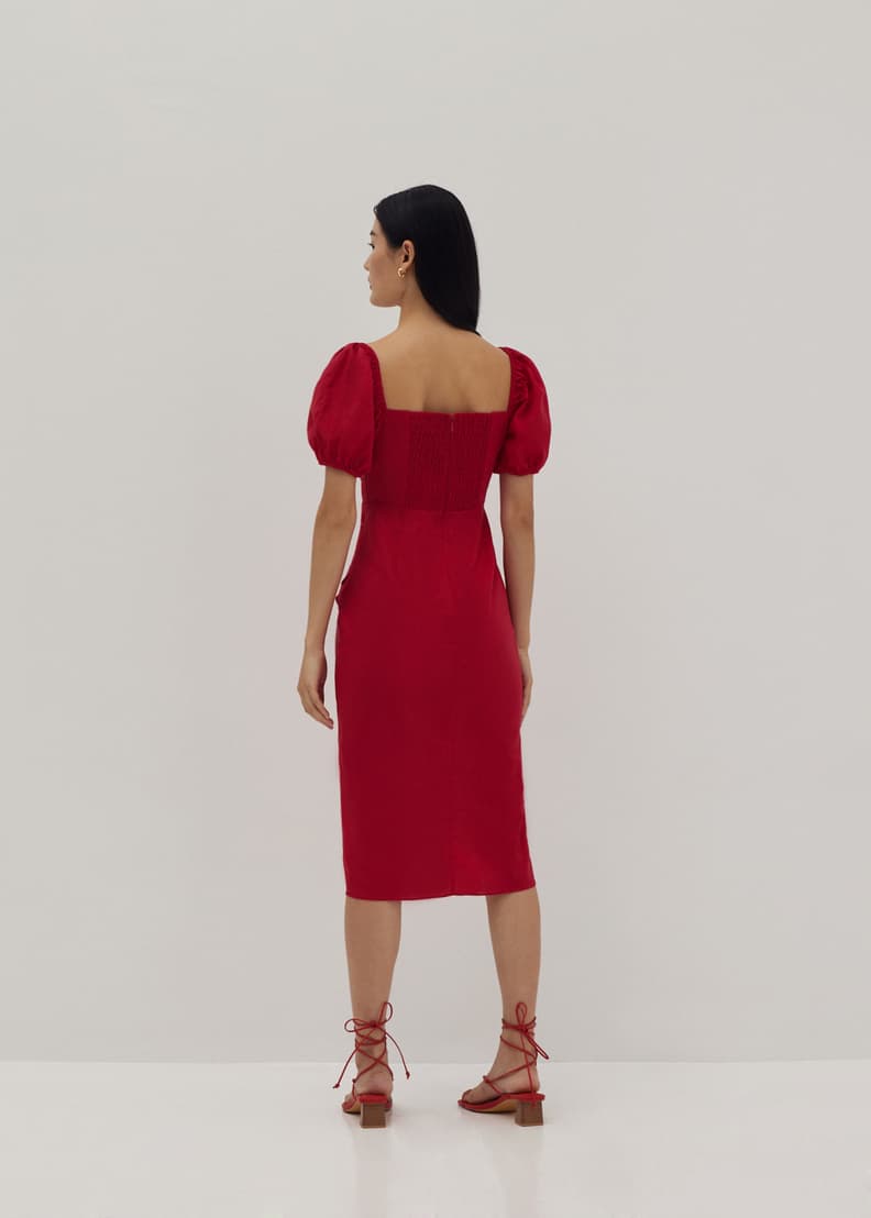 Regina Linen Puff Sleeve Midi Dress
