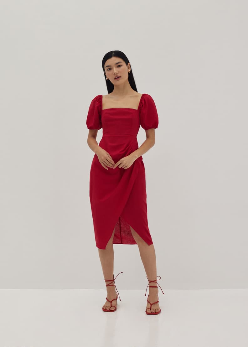 Red short sleeve midi dress online