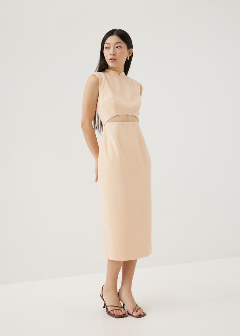 Agnes Shoulder Padded Tweed Mandarin Collar Midi Dress Love