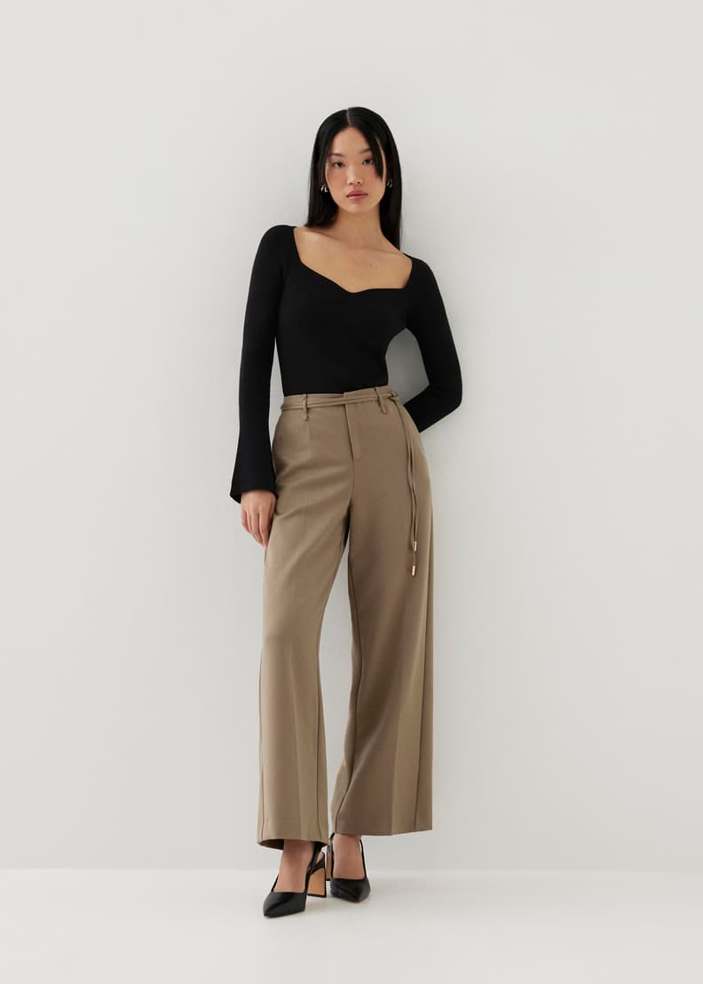 Women belted linen cotton wide straight pants best sale