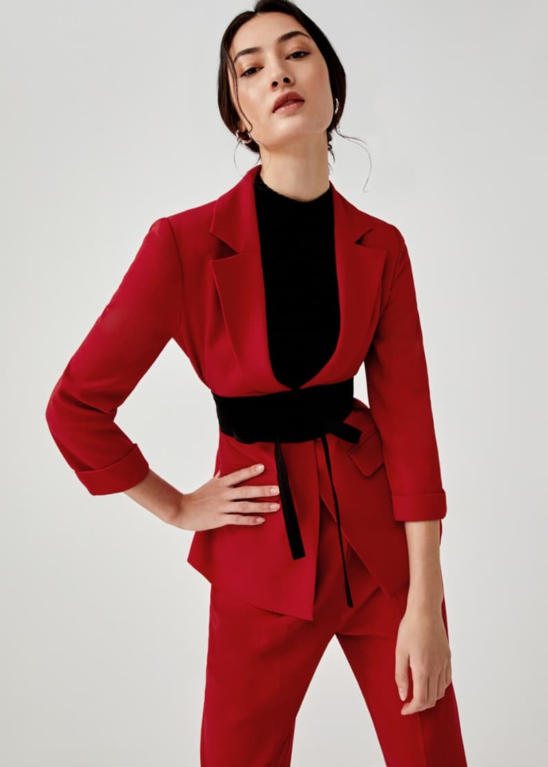 Red belted outlet blazer