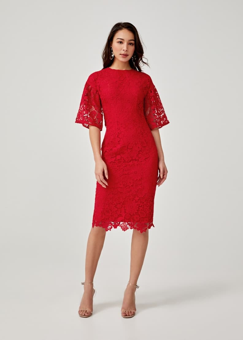 Red lace deals bodycon midi dress