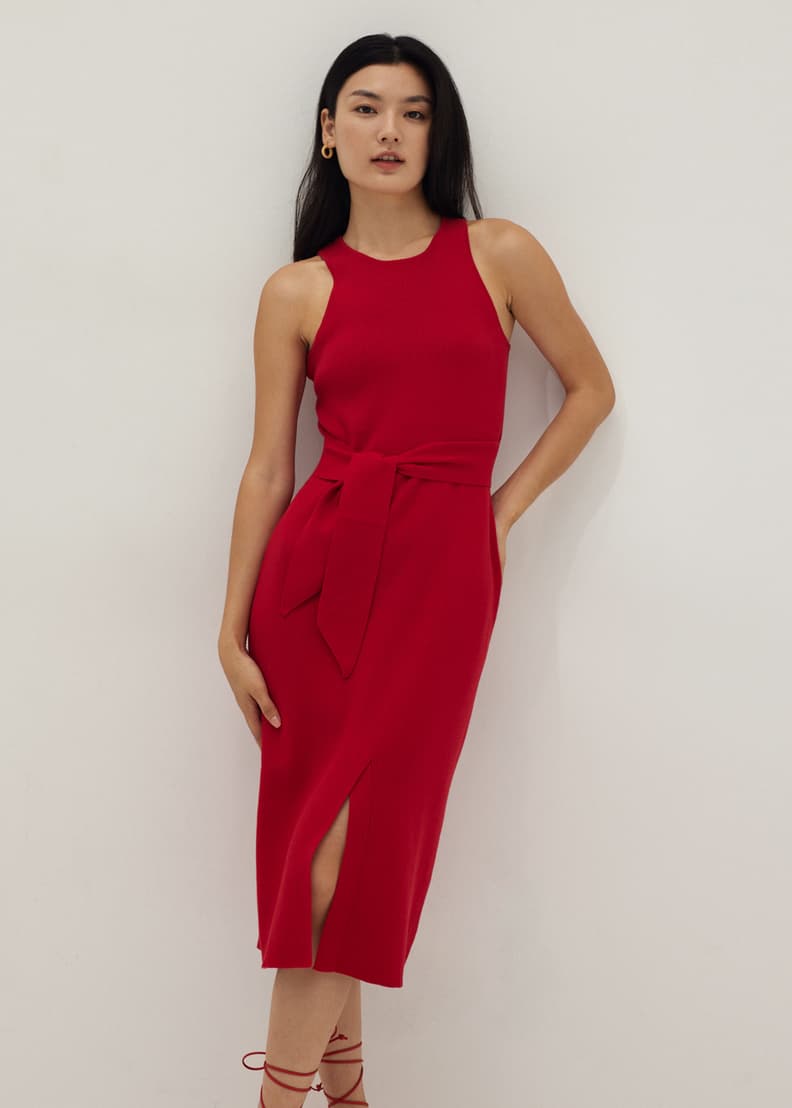 Celeste ruffle front fitted midi dress cheap