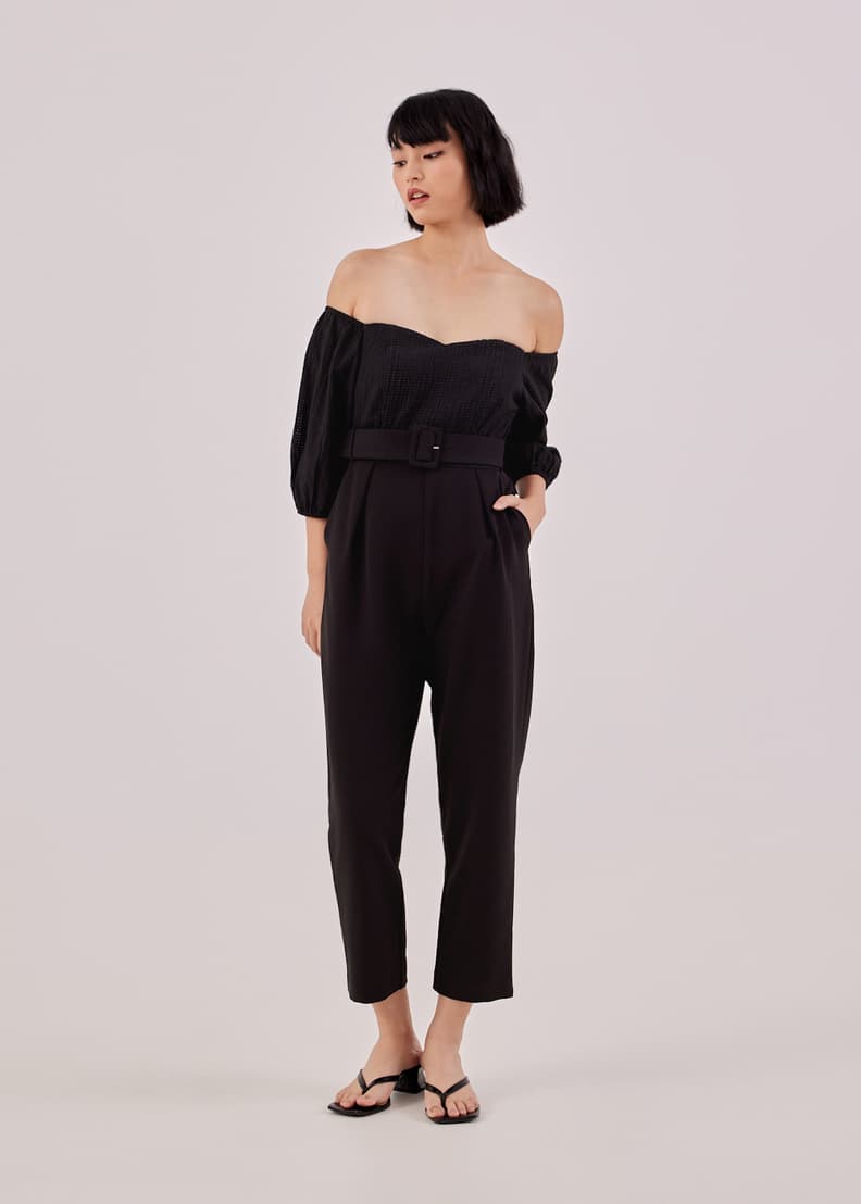 Off the shoulder fitted jumpsuit hot sale