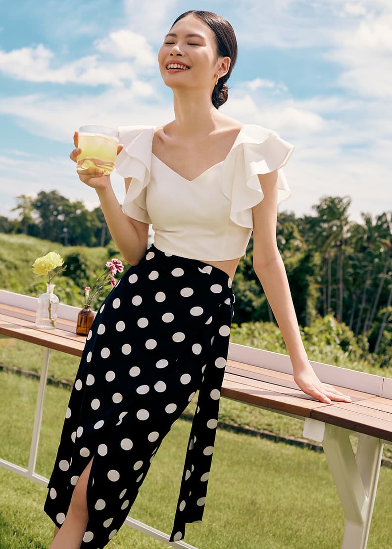 White polka clearance dot wrap skirt