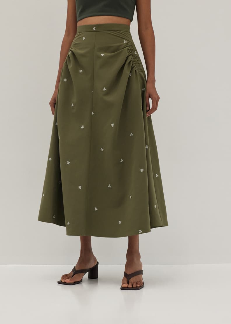Perris Embroidered Ruched Flare Skirt
