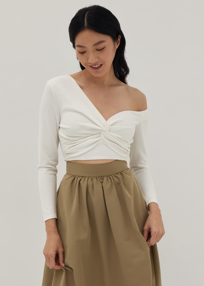 ★SCULPTOR★ Draped OffShoulder Top Raw SC24A227IV RECYCLED DRAPED STATUE JERSEY SS CREWNECK TOP • Marine Serre