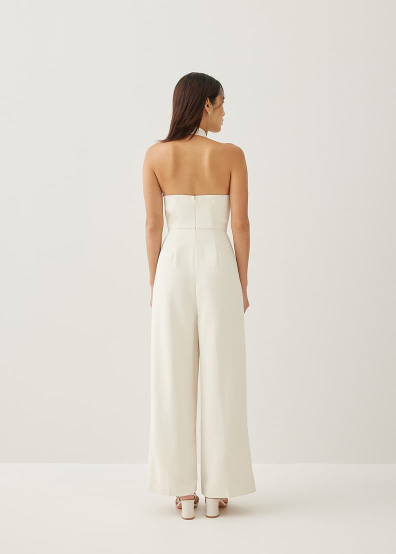 Love triangle halter neck open back jumpsuit with thigh split in white sales