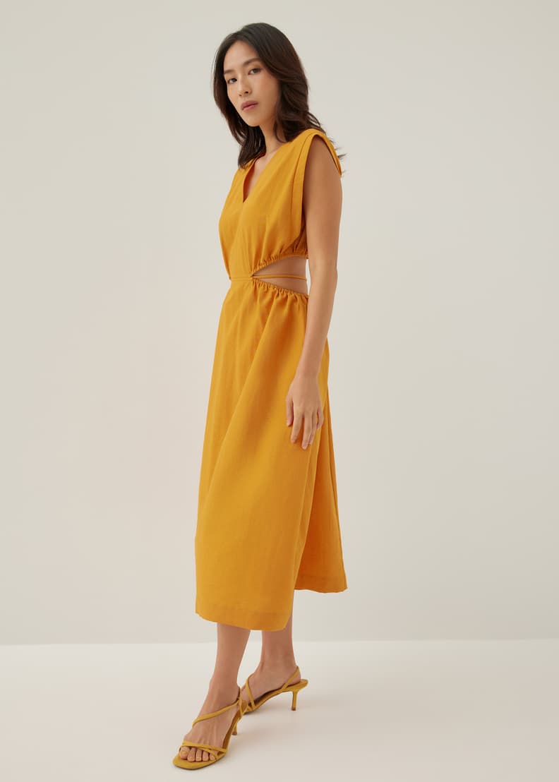 Warehouse open back midi top dress yellow