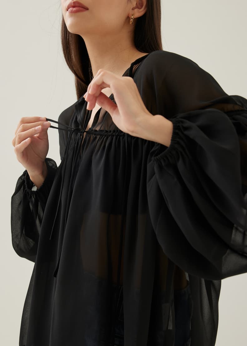 Black sheer puff sleeve blouse store
