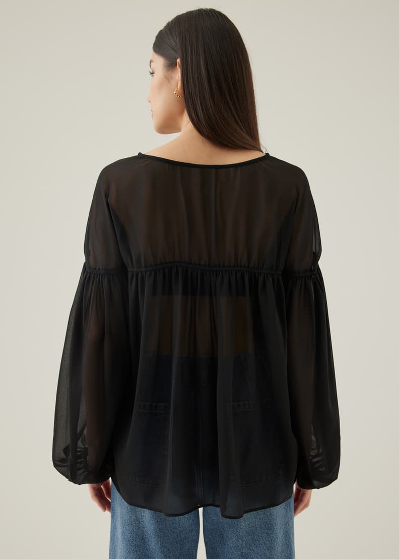 Black sheer puff sleeve blouse store