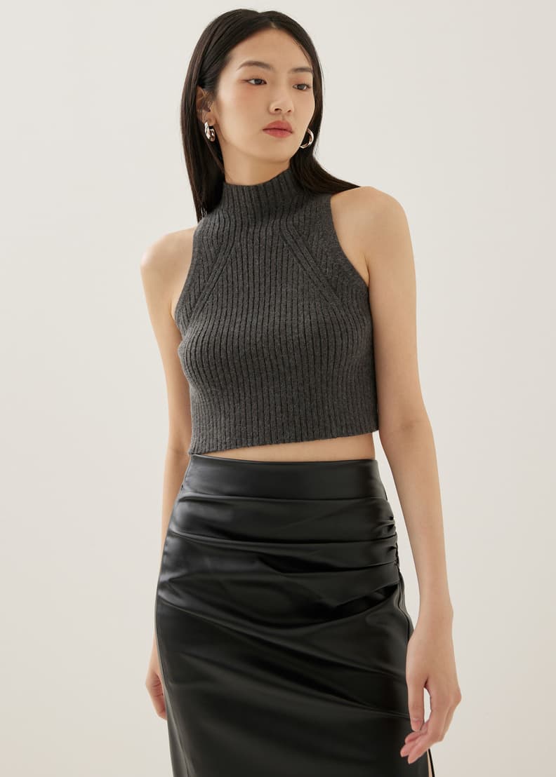 Black sleeveless turtleneck crop top sales