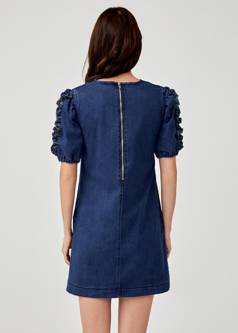 Denim dress with frill shop