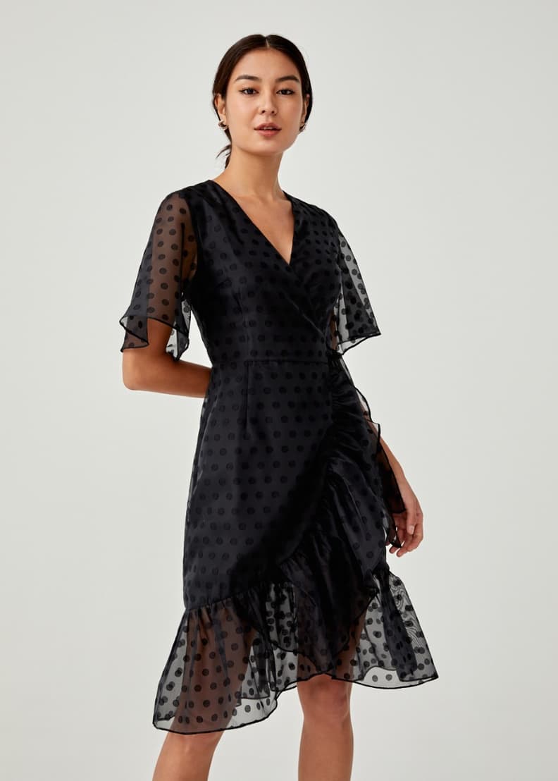 Black polka dot wrap dress discount