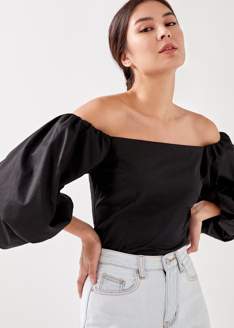 Black off shoulder puff sleeve top hotsell