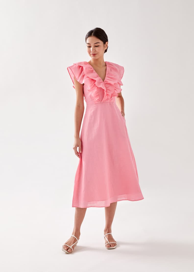 Pink ruffle sale midi dress