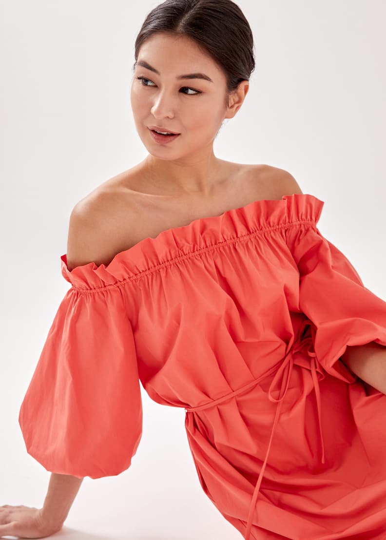 Buy Lucette Puff Sleeve Off Shoulder Midi Dress @ Love, Bonito Singapore |  Shop Women's Fashion Online | Love, Bonito SG | Women's Fashion