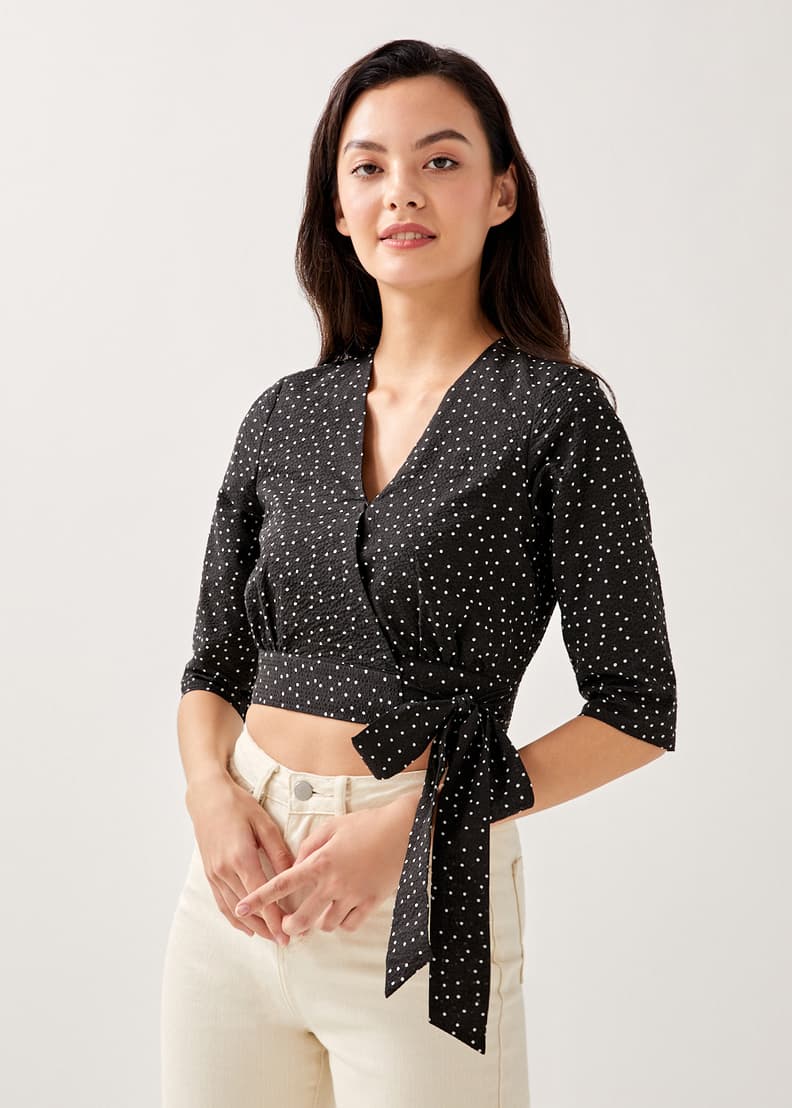 Lea Textured Polka Dot Wrap Front Top