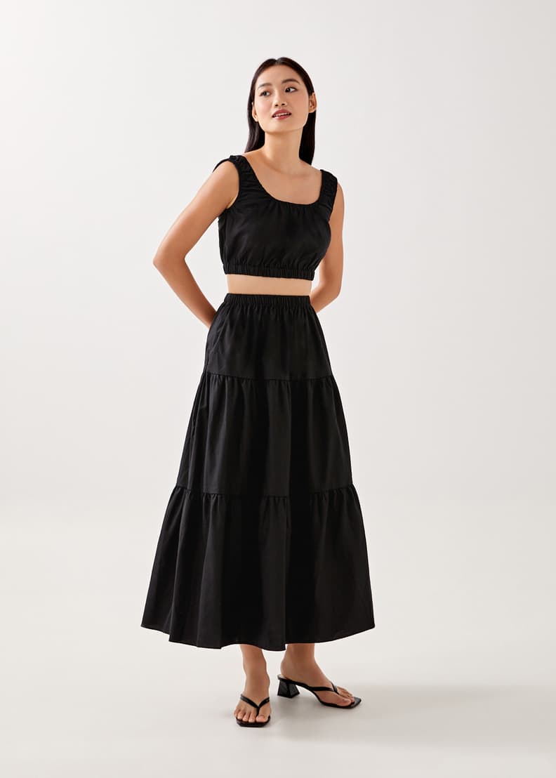 Bylia Linen Elastic Waist Tiered Skirt