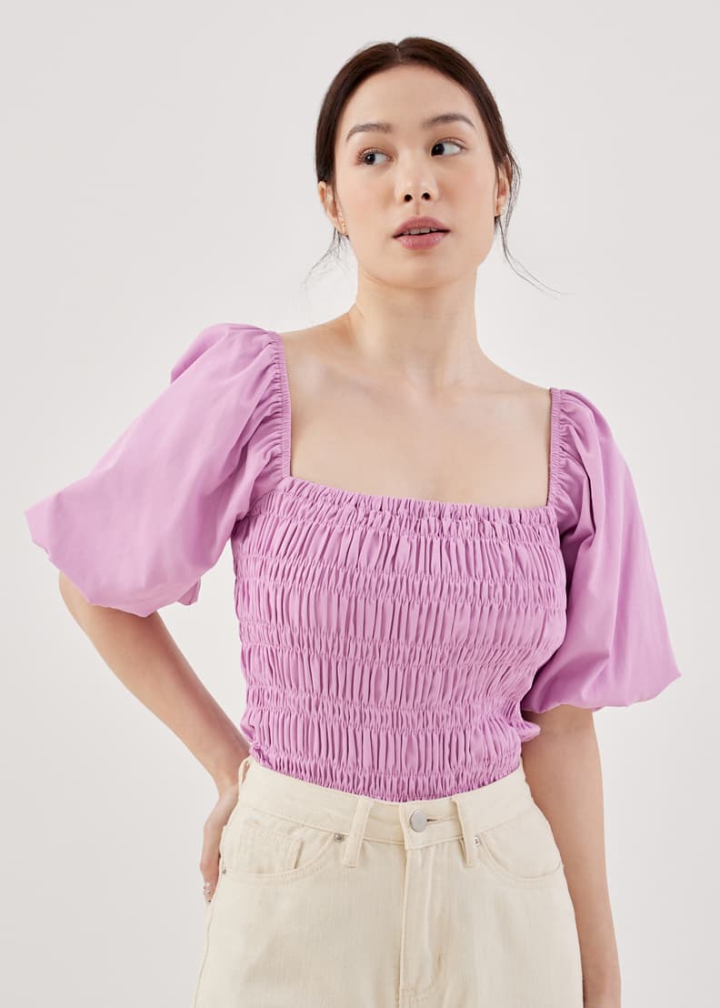 Smocked puff sleeve sale top