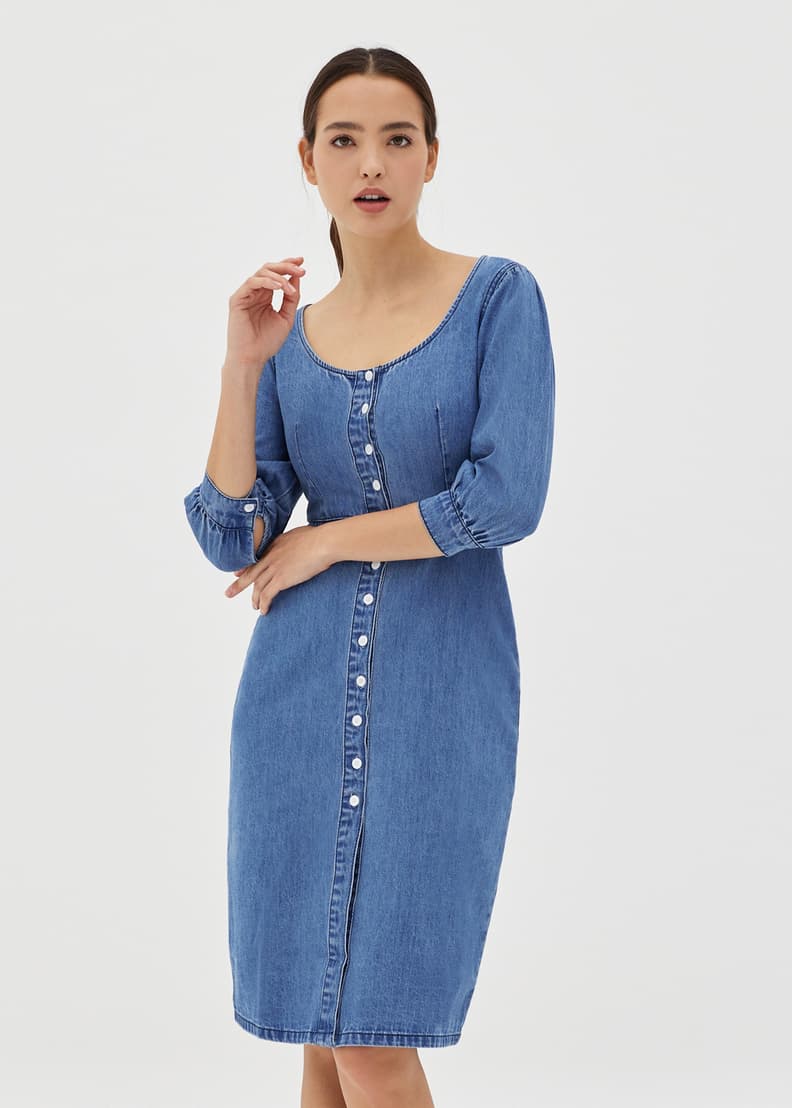 Denim puff sleeve dress store