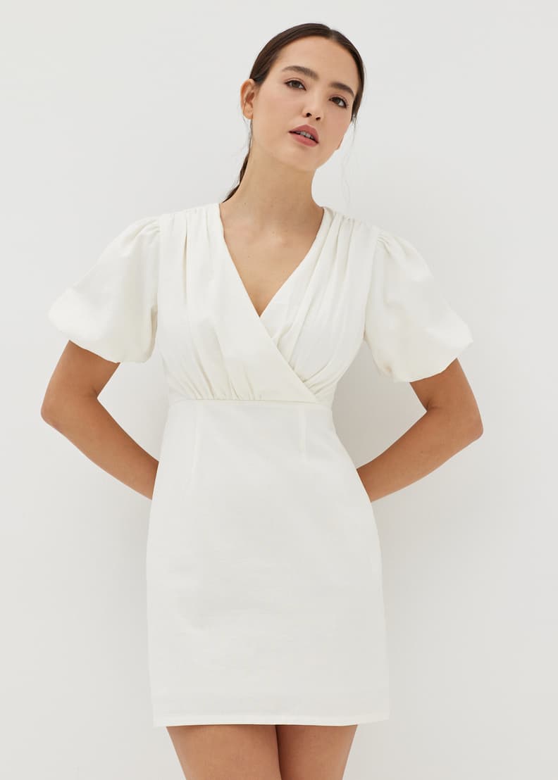 Puff sleeve linen cheap wrap mini dress